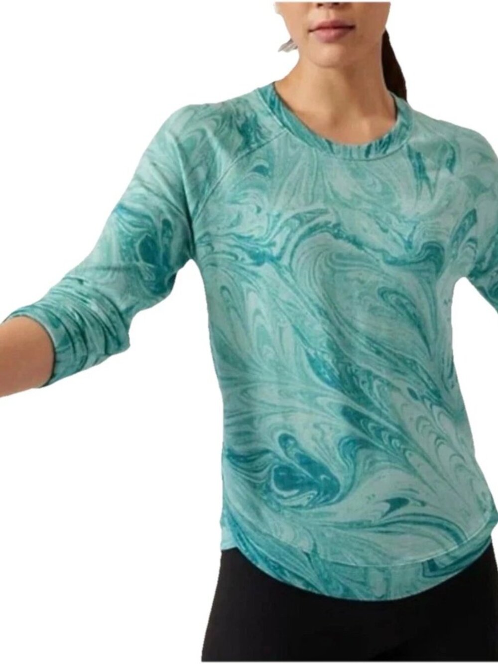 ATHLETA Blue/Green Marble Print Long Sleeve Mindset Crew Neck Sweatshirt Sz M